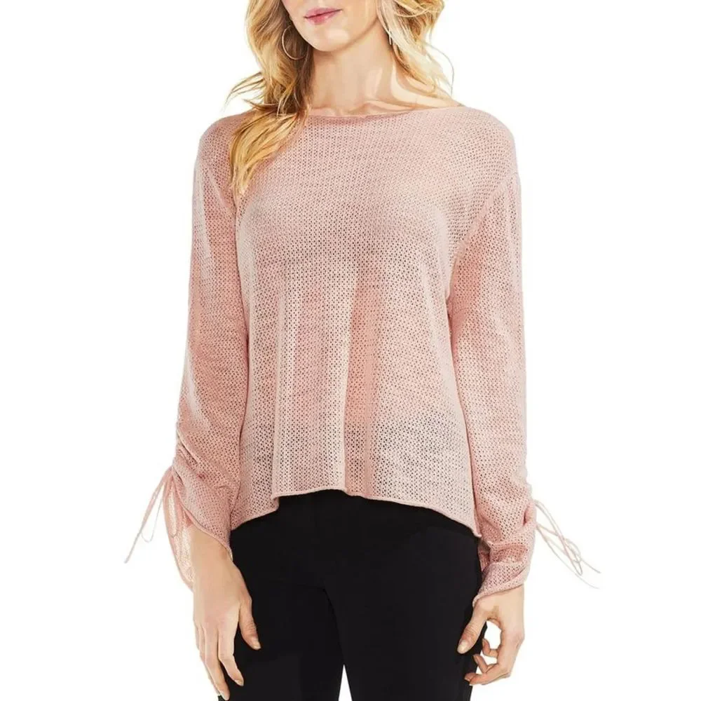 Vince Camuto Womens Pink Pointelle Raw Hem Cuff Sleeves Sweater Top NWT
